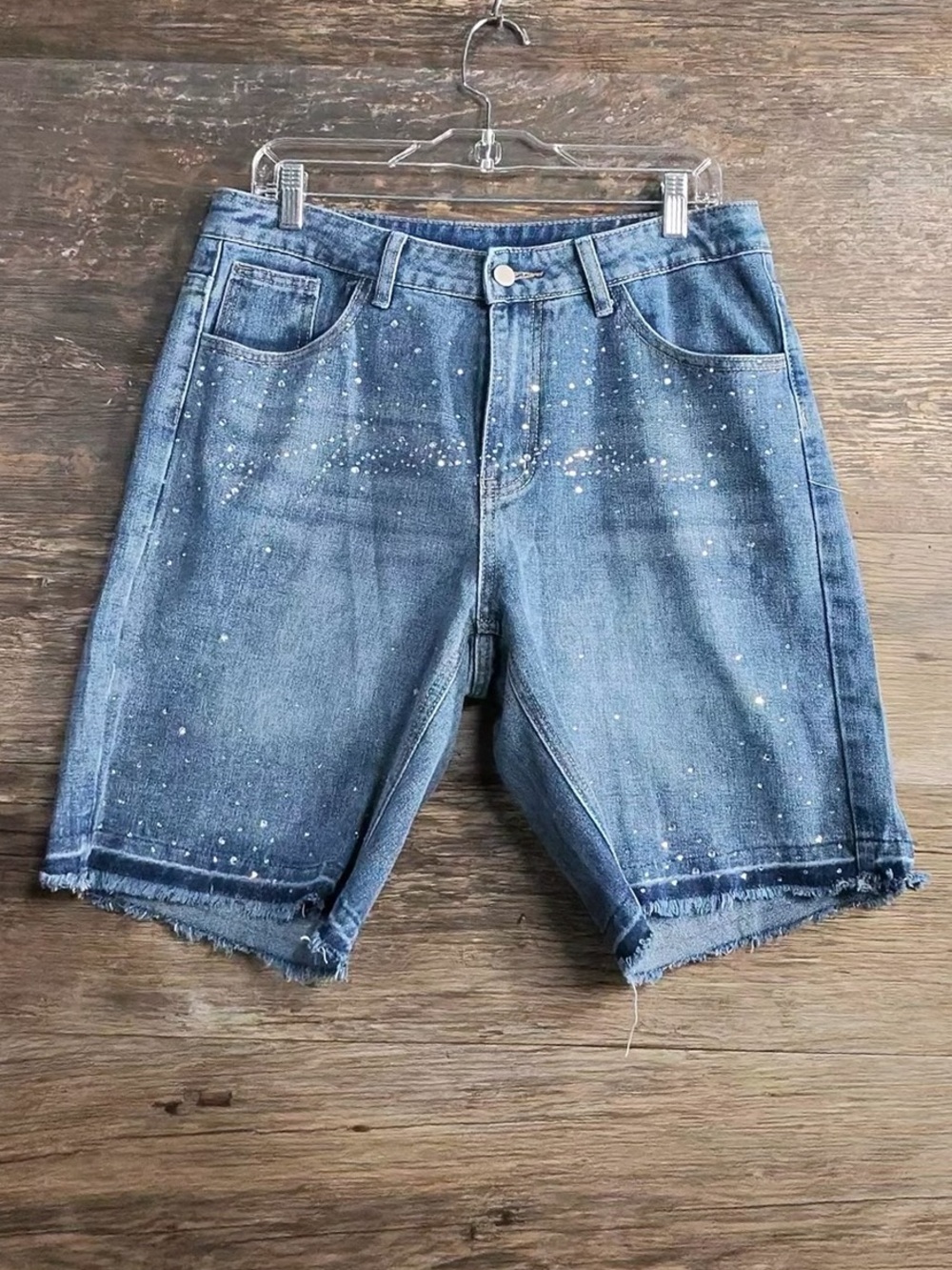 ROMWE Blue Denim Distressed Cutoff Shorts with Paint Flecking